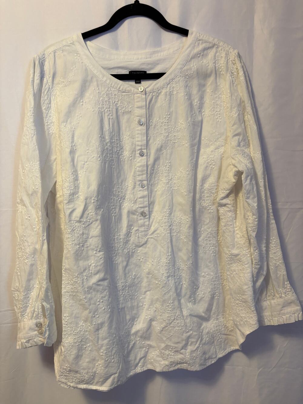 Talbots Embroidered Henley Top White Floral Sz 2X